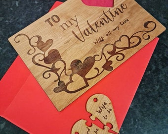 Luxury personalised wooden Valentines card with heart puzzle keyrings