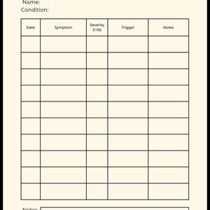May include: A cream-colored Symptom Pattern Tracker Printable PDF document featuring a grid with columns for Date, Symptom, Severity (1-10), Trigger, and Notes. The top includes fields for Name and Condition, with a large blank Notes box at the bottom.