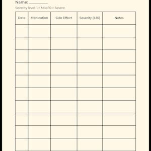 May include: A cream-coloured Medication Side Effect Tracker printable PDF form with black text and grid lines. The document includes fields for Name, Date, Medication, Side Effect, Severity level 1-10, and Notes, plus a large bottom section for additional notes.