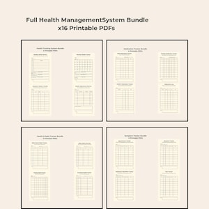 May include: A Full Health Management System Bundle containing 16 printable PDF pages. The document features various trackers including a Weekly Health Review, Monthly Health Tracker, Medication Tracker, Symptom Tracker, and Daily Food and Water Tracker.
