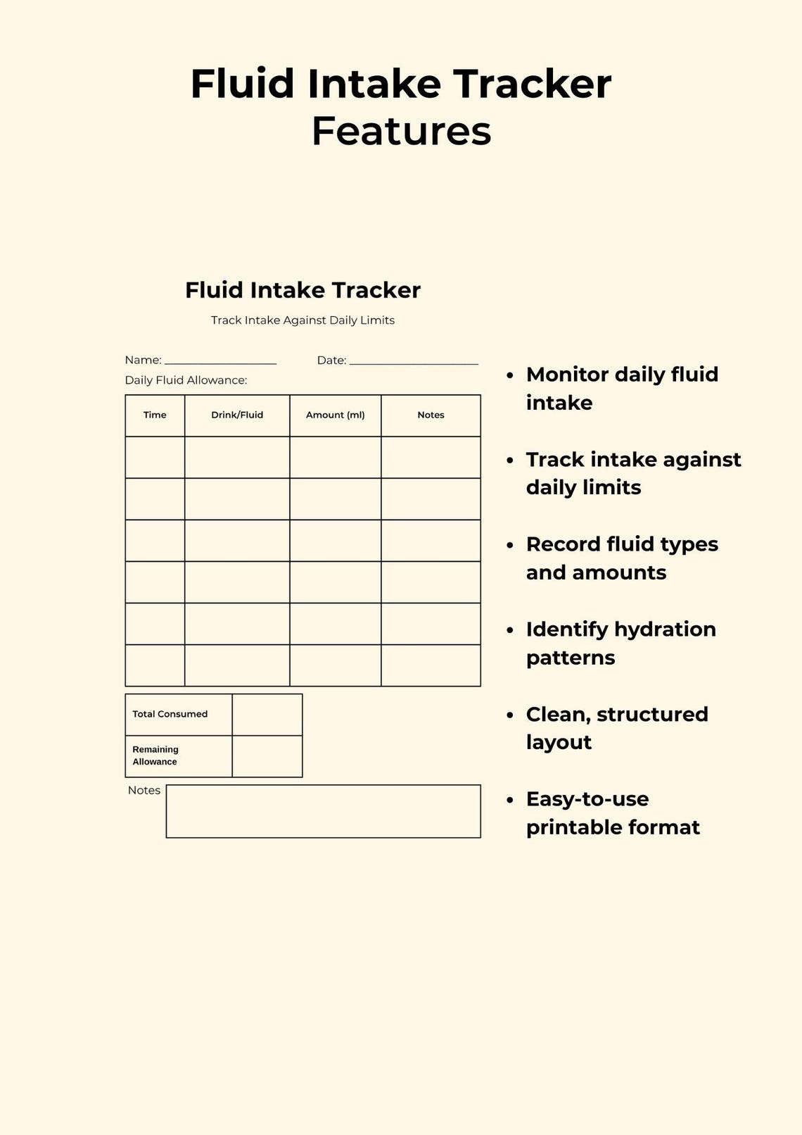 Fluid Intake Tracker Printable, Daily Water Log, Kidney Health (PDF ...