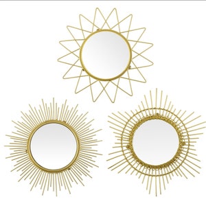 Set 3 Gold Sunburst Mirror, Boho Wall Decor, Starburst Decoration Set, Round Mirrors for Walls, Small Mirrors, Sun Mirror,