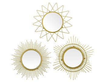 Set 3 Gold Sunburst Mirror, Boho Wall Decor, Starburst Decoration Set, Round Mirrors for Walls, Small Mirrors, Sun Mirror,