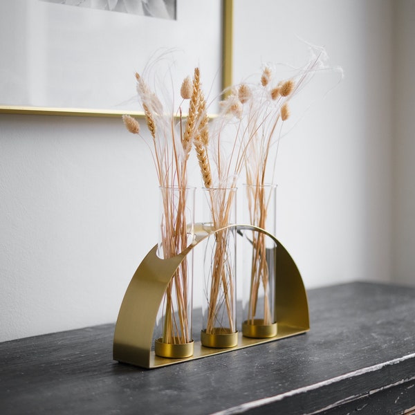 Gold Pampas Vase Set 3, Glass Wedding Vases as Centrepiece, Best Gift, Round Single Flower Holder, Metal Outline Frame Test Tubes