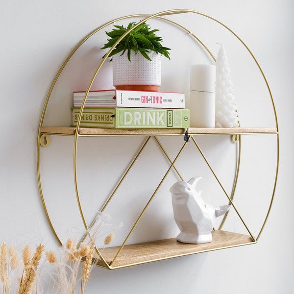 Gold Round Circular Floating Shelves, Large Decorative Bathroom, Living Room, Kitchen and Bedroom Wall Decor, Modern Wall Shelves Gold, Wood