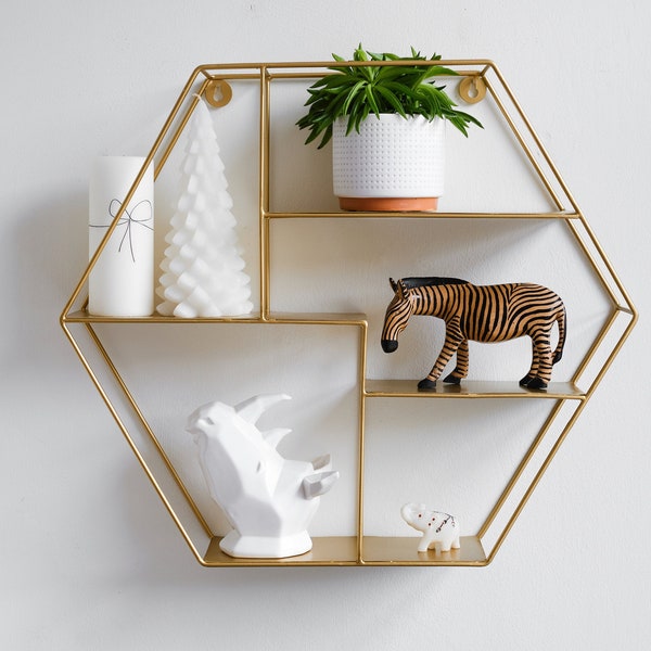 Gold Hexagon Floating Shelves, Large Decorative Shelf for Bathroom, Living Room, Kitchen and Bedroom Wall Decor, Brass Geometric Wall Art