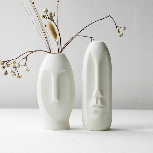 Set 2 Face Vase, Minimalist Pampas Vase, Modern Vase Set, White Vases, Handmade Ceramic Vase, Nordic Decor, Sculpture Decor, Sculptural Vase