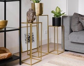 Set of 3 Gold Pedestal Plant Stand, Nesting Display End Table, Square Rack Flower Holder, Gold Planter Pot Rack, Tall Tiered Decor Display