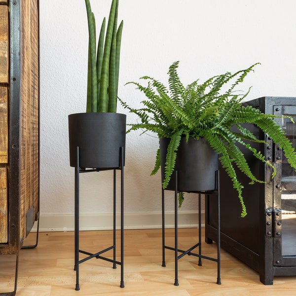 Set of 2 Modern Mid Century Black Planter with Black Stand - 7 Inch Diameter Large Planter Pot with Metal Stand