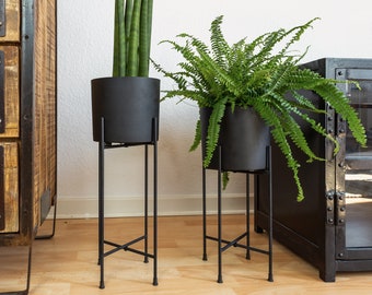 Set of 2 Modern Mid Century Black Planter with Black Stand - 7 Inch Diameter Large Planter Pot with Metal Stand