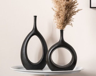 Set of 2 Black Ceramic Bud Vases - Modern Floral Decor, Minimalist Abstract Design, Contemporary Vases