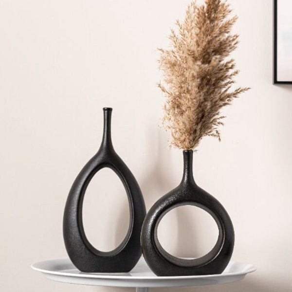 Set of 2 Black Ceramic Bud Vases - Modern Floral Decor, Minimalist Abstract Design, Contemporary Vases