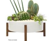 Mid Century Ceramic Planter Bowl with Acacia Wood Stand - Extra Large with Drainage and Plug - Round Succulent Planter Large - 10 Inch White