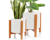 Set 2 Mid Century Modern Ceramic Planters with Stand 8 Inch 6 Inch Diameter, White Plant Pots with Wood Stand, with Drainage and a Plug