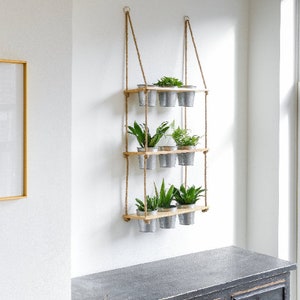 3 Tiered Hanging Planter Shelf Set with Metal Pots: Indoor Herb Garden, Wooden Kitchen, Vertical Succulent Hanger for Patio or Porch