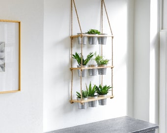 3 Tiered Hanging Planter Shelf Set with Metal Pots: Indoor Herb Garden, Wooden Kitchen, Vertical Succulent Hanger for Patio or Porch