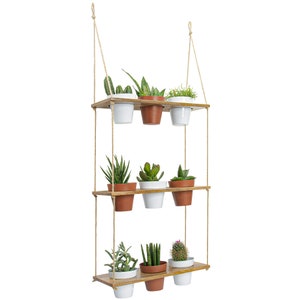 3 Tiered Hanging Planter Shelf with Metal Pot Set, Indoor Garden, Wood Herb Garden for Kitchen, Vertical Succulent Hanger for Patio, Porch