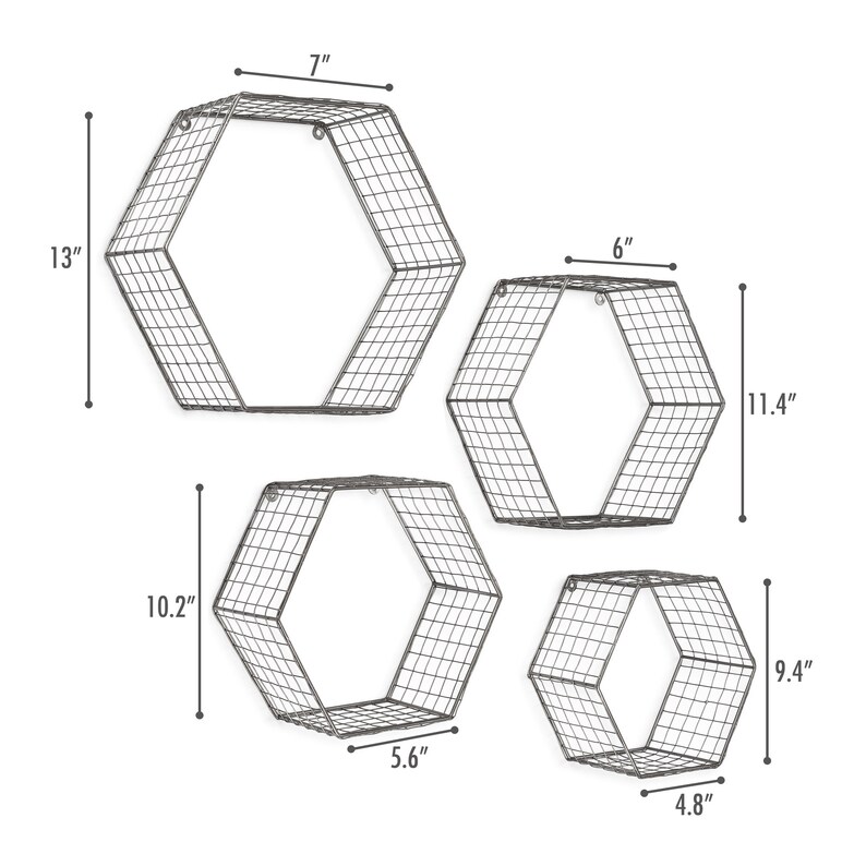 Set of 4 Grey Hexagon Wall Shelves Floating Decorative Wire Etsy