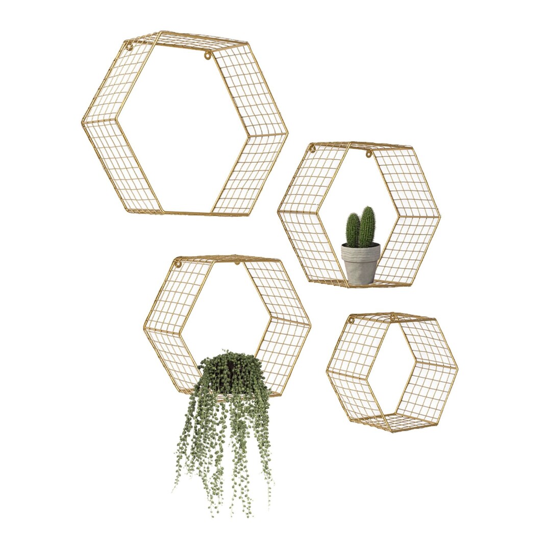 Set of 4 Gold Hexagon Wall Shelves Floating Decorative Wire Etsy