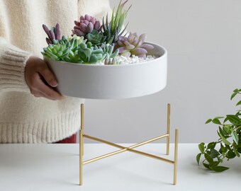 10 Inch Round Succulent Planter Bowl with Gold Stand, White Flat Ceramic Pot with Drainage, Succulent Garden Shallow Planter, Mid Century