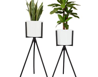 Set of 2 Modern Planter with Stand, Indoor Planter, 7 Inch Large Pot with Black Mid Century Stands, 18 & 26 Inch Tall, Indoor