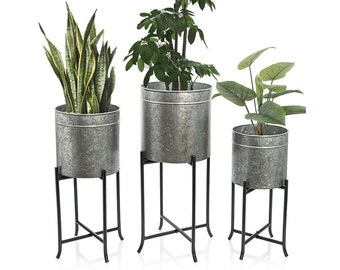 Set 3 Large Galvanized Planters Outdoor, Indoor, Metal Farmhouse Decor for Garden, Patio, Porch & Balcony, Drainage, Tree Planter with Stand
