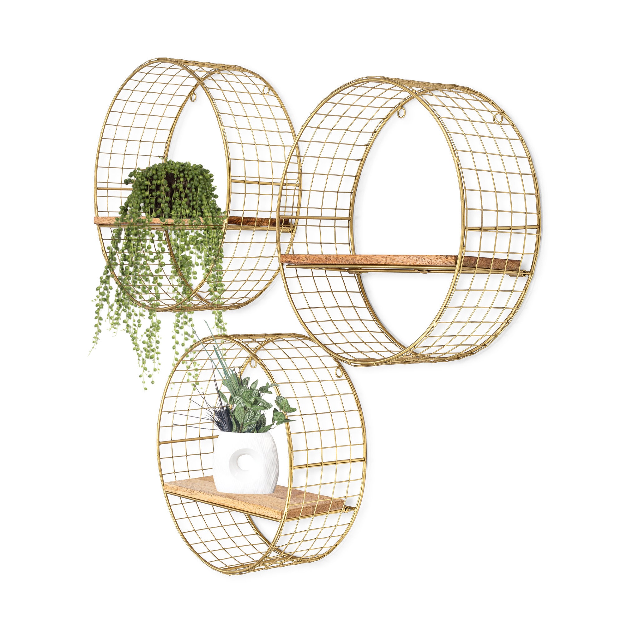 Set of 3 Metal Floating Shelves, Decorative Wire Large Round Wall Mou…