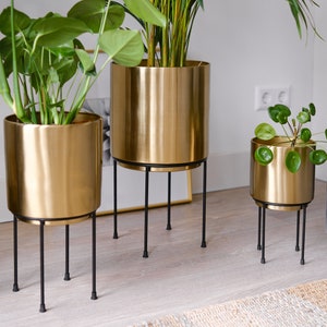 Set 3 Brass Gold Large Planters with Black Stand, Standing Metal Pot for Fig Tree, Snake Plant & Palm, Tall Floor Tree Floor Planter, Modern
