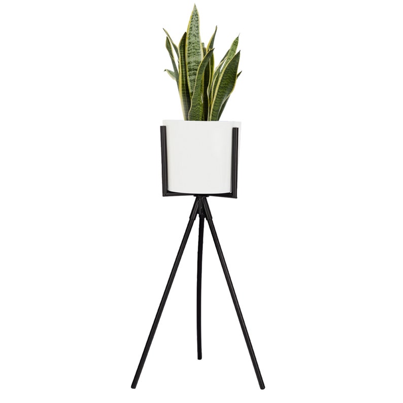 Modern White Planter with Metal Plant Stand 7 Inch Large Pot Etsy