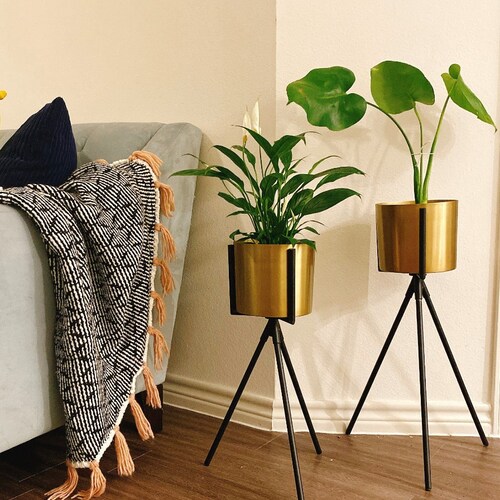 Tall Gold Mid Century Plant Stand With Pot 7.5 Inches Etsy