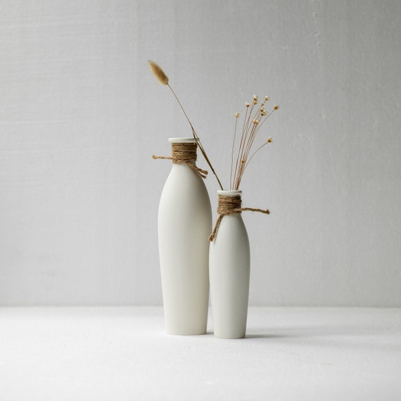 Set 2 White Ceramic Vase, Modern Flower Vase, Minimalist Vase, Contemporary Decor