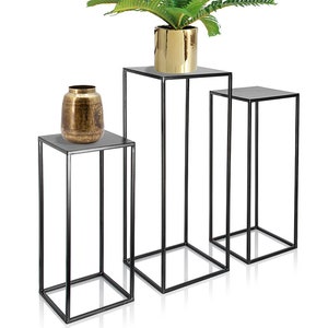 Set of 3 Metal Pedestal Plant Stand, Nesting Display End Table, Square Rack Flower Holder, Black Planter Pot Rack, Tall Tiered Decor Display