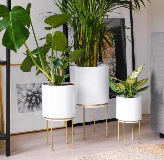Set 3 Mid Century White Large Planters With Gold Metal Stand - Etsy UK