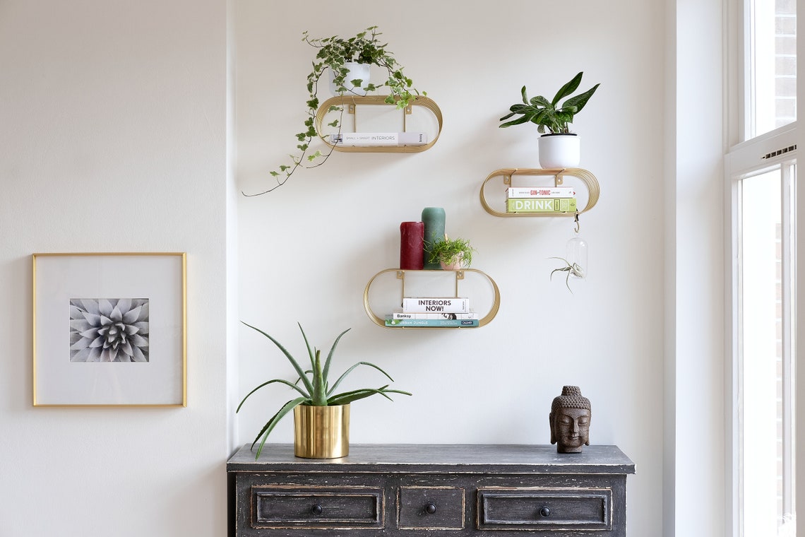 Set 3 Gold Floating Shelves Round Wall Shelves Eclectic Wall Etsy