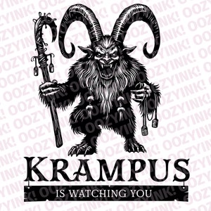 May include: Black and white illustration of Krampus, a horned figure with a menacing expression, holding a staff and chains. The text "KRAMPUS IS WATCHING YOU" is displayed below the figure.