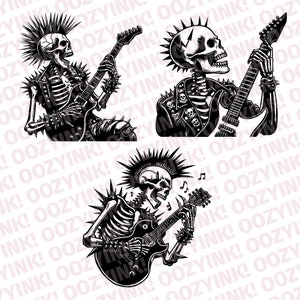 3 esqueletos de Punk Rock diferentes tocando la guitarra SVG PNG Descarga digital para serigrafía, sublimación, cricut u otras máquinas