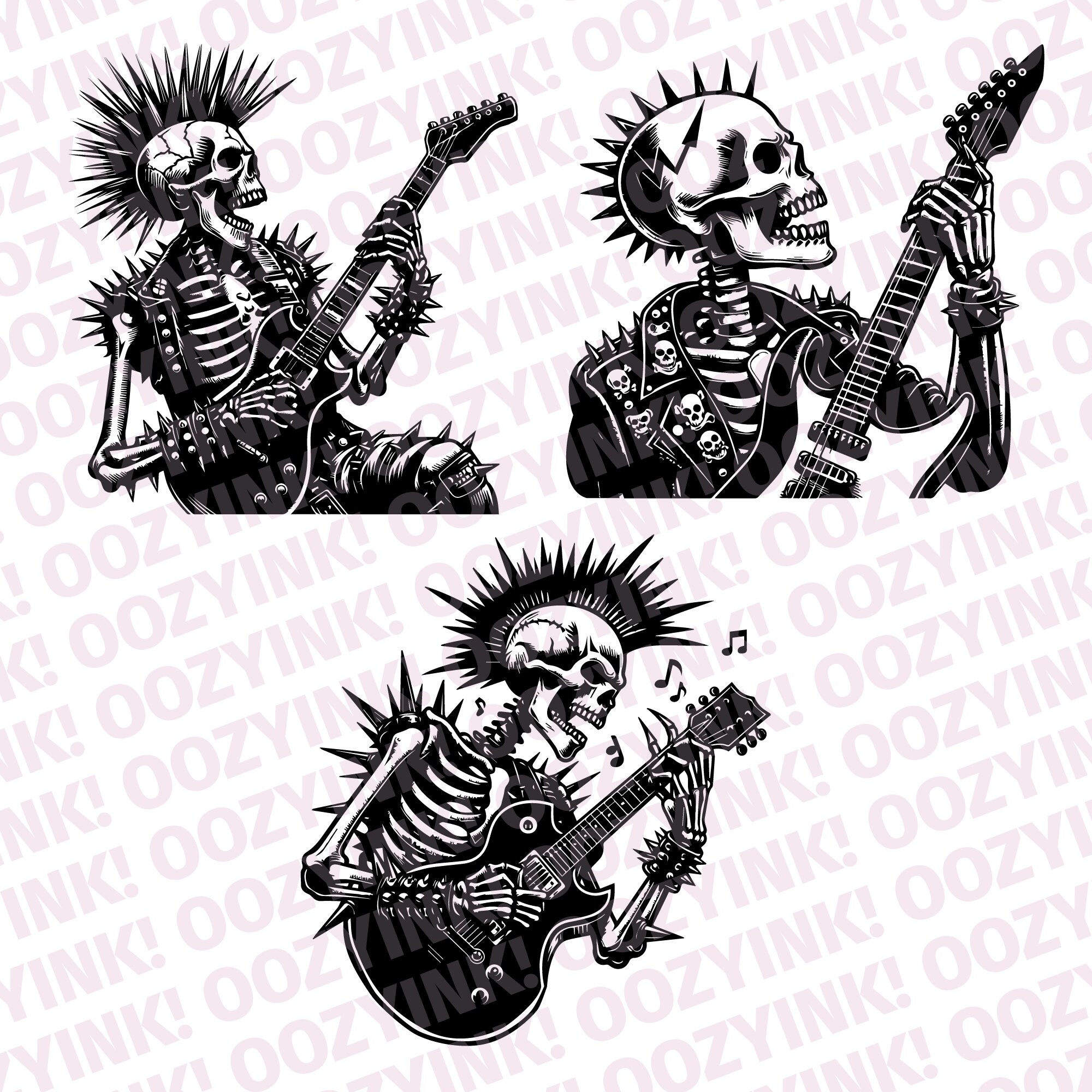 3 Different Punk Rock Skeletons Playing Guitar SVG PNG