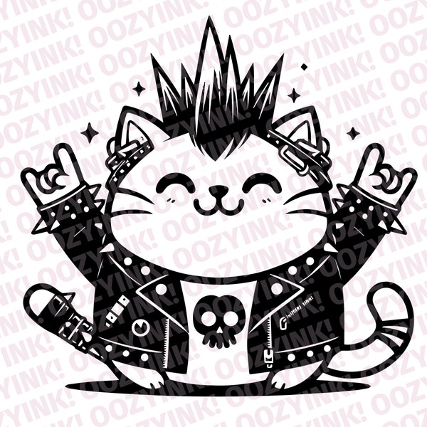 Punk Rock kitty cat SVG PNG Digital Download for screen printing, sublimation, cricut, or other supported cutting machines.