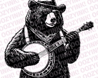 Black Bear playing a banjo wearing a hat. SVG PNG Digital Download for screen printing, sublimation, cricut, or other cutting machines.