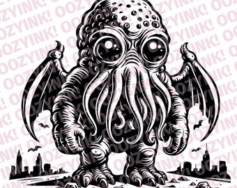 May include: Black and white illustration of a cartoonish Cthulhu-like creature with large eyes, tentacles, and bat-like wings. The creature stands in front of a city skyline with bats flying in the sky. The text "OOZYINK!" is repeated in the background.