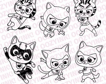 Può includere: Una collezione di sei illustrazioni in bianco e nero a tratto che mostrano gatti dei cartoni animati vestiti da supereroi, ognuno con una maschera e un emblema sul petto, su uno sfondo con il testo ripetuto OOZYINK!