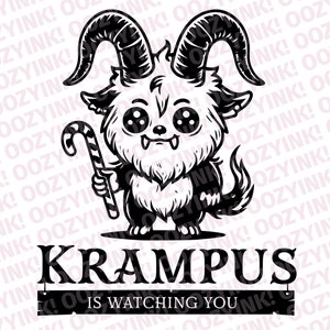May include: Black and white illustration of a Krampus character holding a candy cane. The image features a horned, furry creature with large eyes and the text "KRAMPUS IS WATCHING YOU" below.
