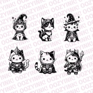 Puede incluir: Seis ilustraciones de gatos de dibujos animados en blanco y negro, cada uno con un disfraz de fantasía diferente. Los gatos están representados como un mago, un caballero y un bandido. Las ilustraciones tienen un estilo lindo y están sobre un fondo blanco.