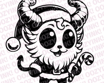May include: A black and white graphic illustration of a horned creature wearing a Santa hat and beard, holding a candy cane. The background features the repeating text OOZYINK! in a light gray font, while the character has large eyes.