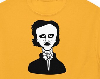 May include: A yellow t-shirt featuring a black and white illustration of Edgar Allan Poe. The illustration is a cartoon style portrait of Poe with a serious expression.