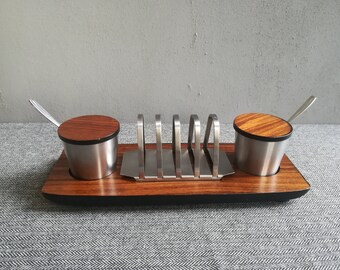 Vintage Wood and Stainless Steel Breakfast set: Tray, Pots and Spoons