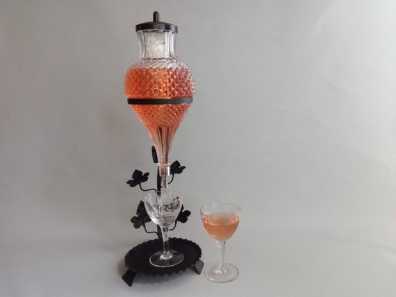 Italian Glass Wine Fountain on a Decorative Wrought Iron Support, 1970s 