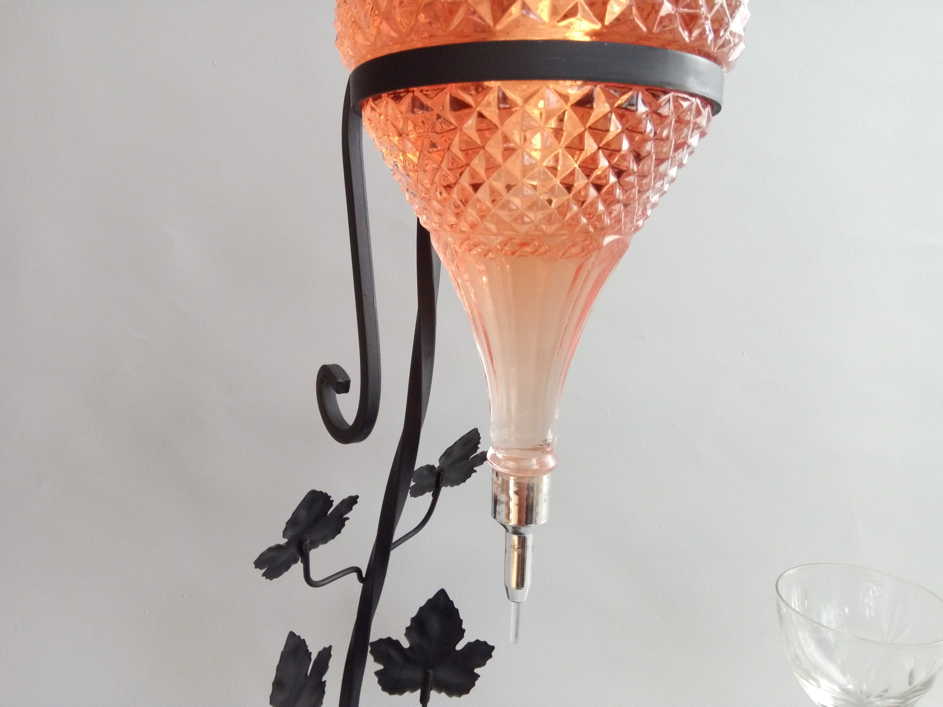 Italian Glass Wine Fountain on a Decorative Wrought Iron Support, 1970s 