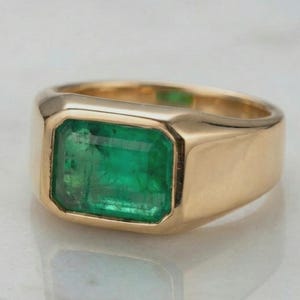 Anillo gitano de esmeralda natural, oro de 14 k de 3 quilates con engaste al ras, anillo unisex con sello y piedra de nacimiento de mayo.
