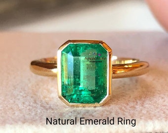 14k Emerald Gold Ring For Men & Women, Octagon Emerald Bezel Set Ring Daily Wear Ring, Vintaged Emerald Cut Solitaire Ring Best Gift For Her